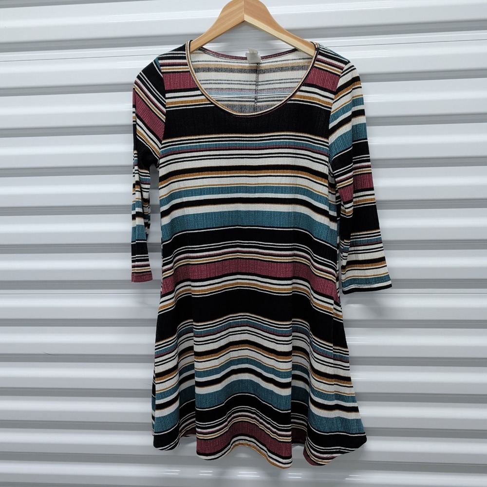 Lovely J Size M Women‎ Multi-Color Striped Ribbed Knit Tunic Mini Dress 3/4 SL